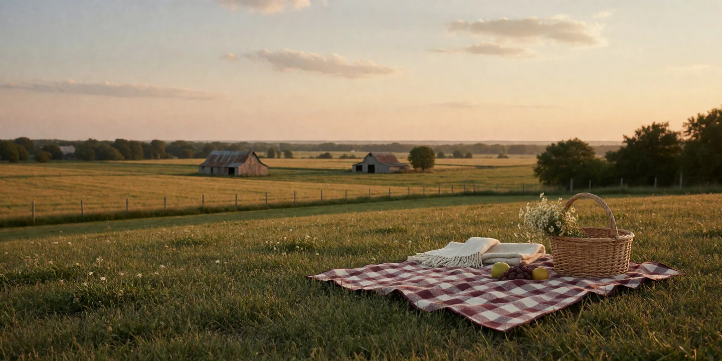 Picnic blanket on a hilltop overlooking a farm valley at sunset for country date ideas