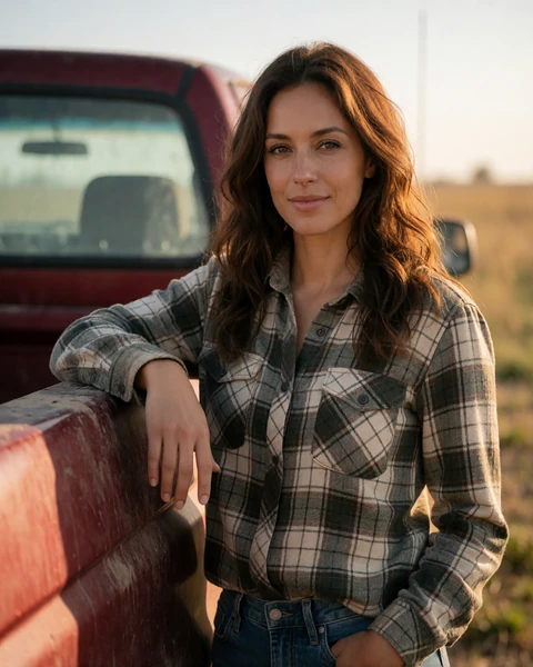 Adult woman standing beside a red pickup truck on a Kansas farm at late afternoon