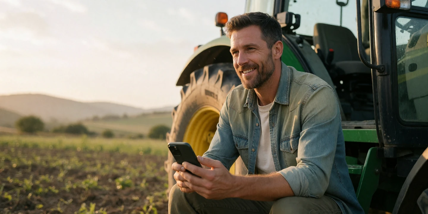 Adult man farmer sitting on a tractor step holding a smartphone in open farmland at golden hour
