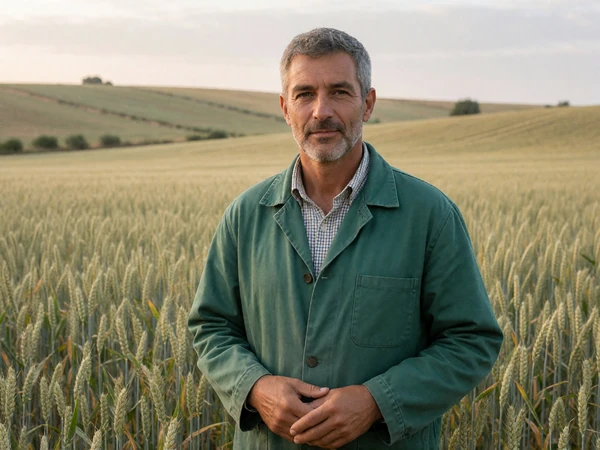Adult man in his fifties, a founder of Farmers Match, standing in an open wheat field at morning