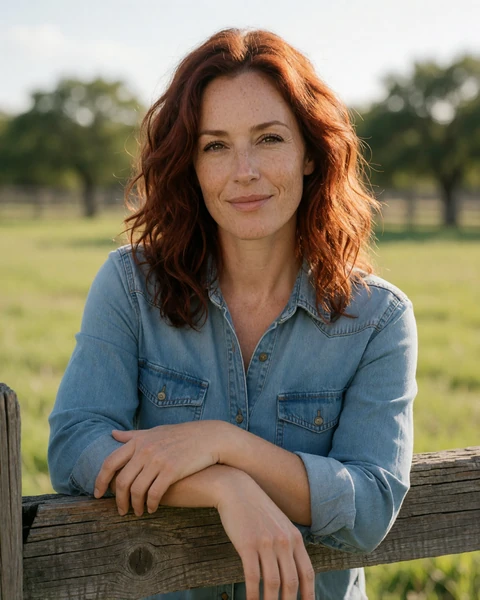 Adult woman with auburn hair leaning on a wooden ranch fence in a Texas pasture