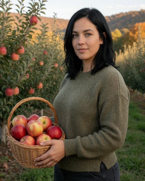 Adult woman orchard farmer holding apples in a West Virginia orchard for countryside dating