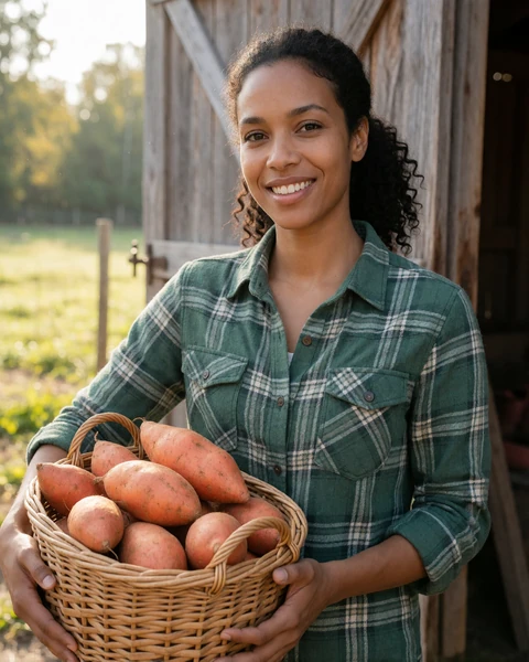 Adult woman farm owner holding a basket of sweet potatoes near a barn on a North Carolina farm