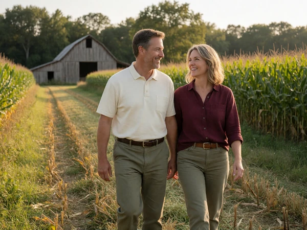 Adult country couple walking along a field lane during a relaxed countryside romance date