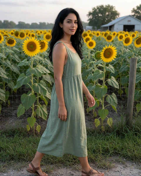 Adult woman walking through a Florida sunflower field as an agricultural single profile preview