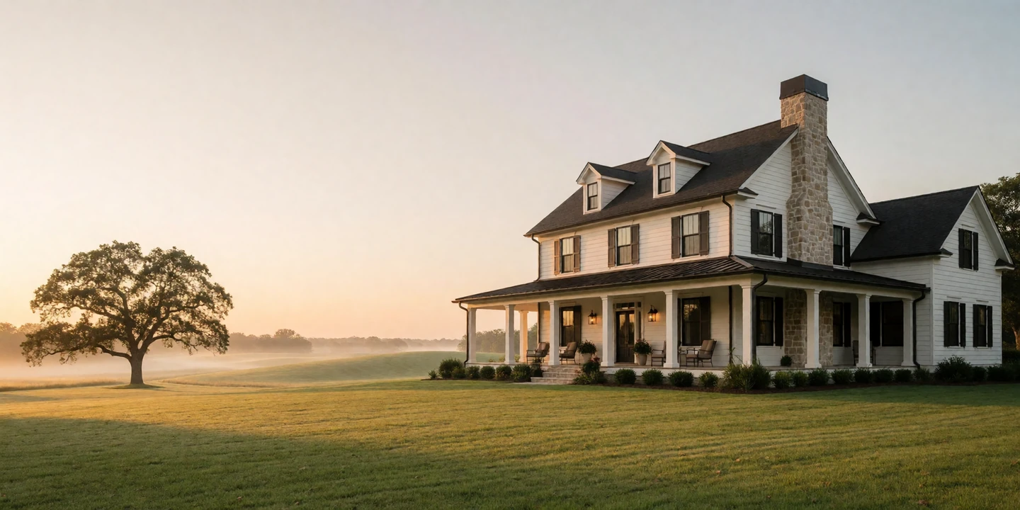 Large elegant white farmhouse with a wrap-around porch overlooking vast green fields at sunset
