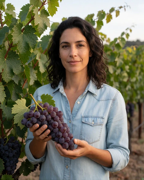 Adult woman vintner holding a bunch of purple grapes among green vines in a California vineyard