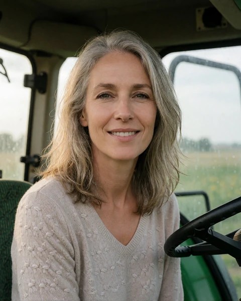 Adult woman smiling in the cab of a farm tractor in rural Nebraska