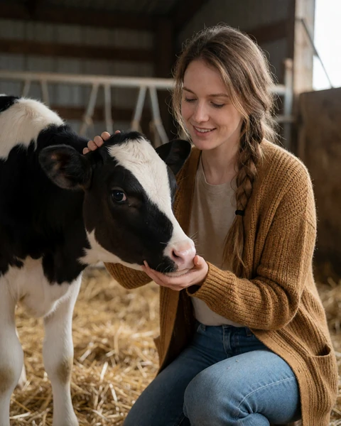Adult woman kneeling and petting a black and white dairy calf inside a Wisconsin barn