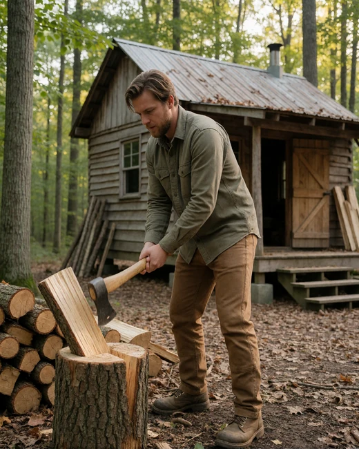 Adult man chopping firewood outside a rustic cabin for homestead dating self-sufficiency