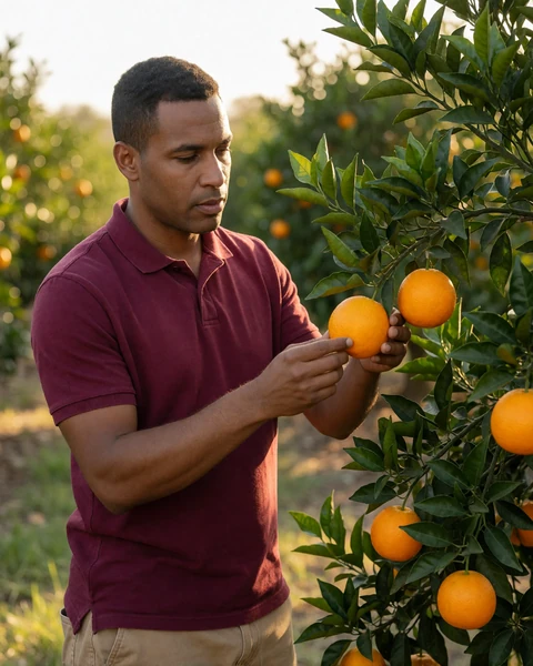 Adult man citrus grower inspecting an orange tree in Florida for agricultural singles dating