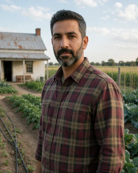Muslim man in a plaid work shirt standing near a rural farmhouse for agricultural singles dating